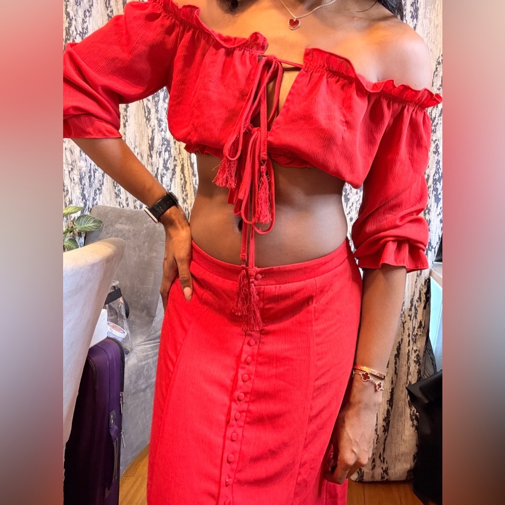Simple Red Ruffled Smocked Two Piece Set - Picture 3 of 12